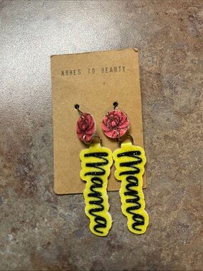 "Mama" Yellow Glitter Dangle Earrings with Red Rose Studs - Ashes to Beauty